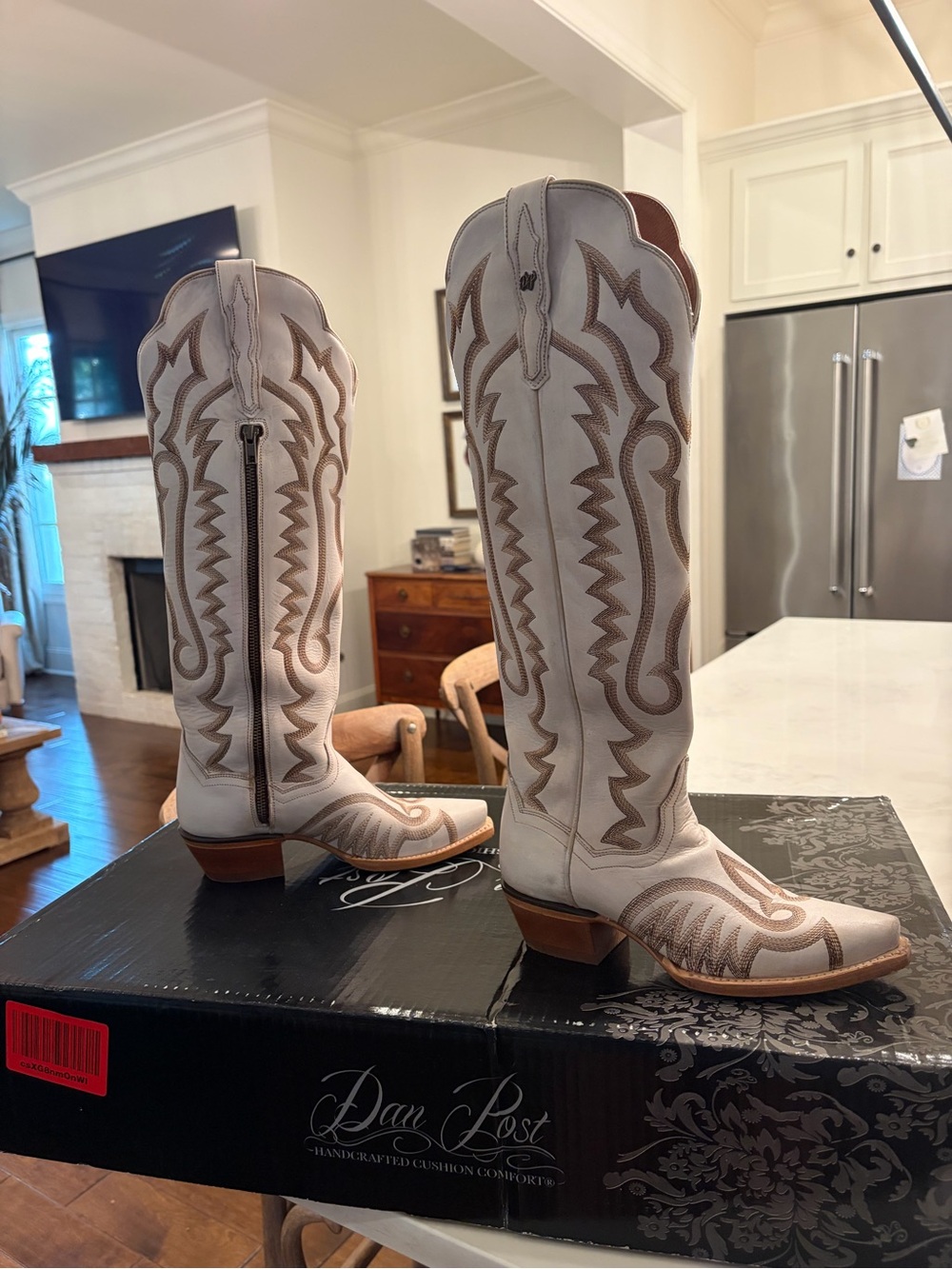 Dan Post White Western Knee-High Cowboy Boots with Tan Stitching